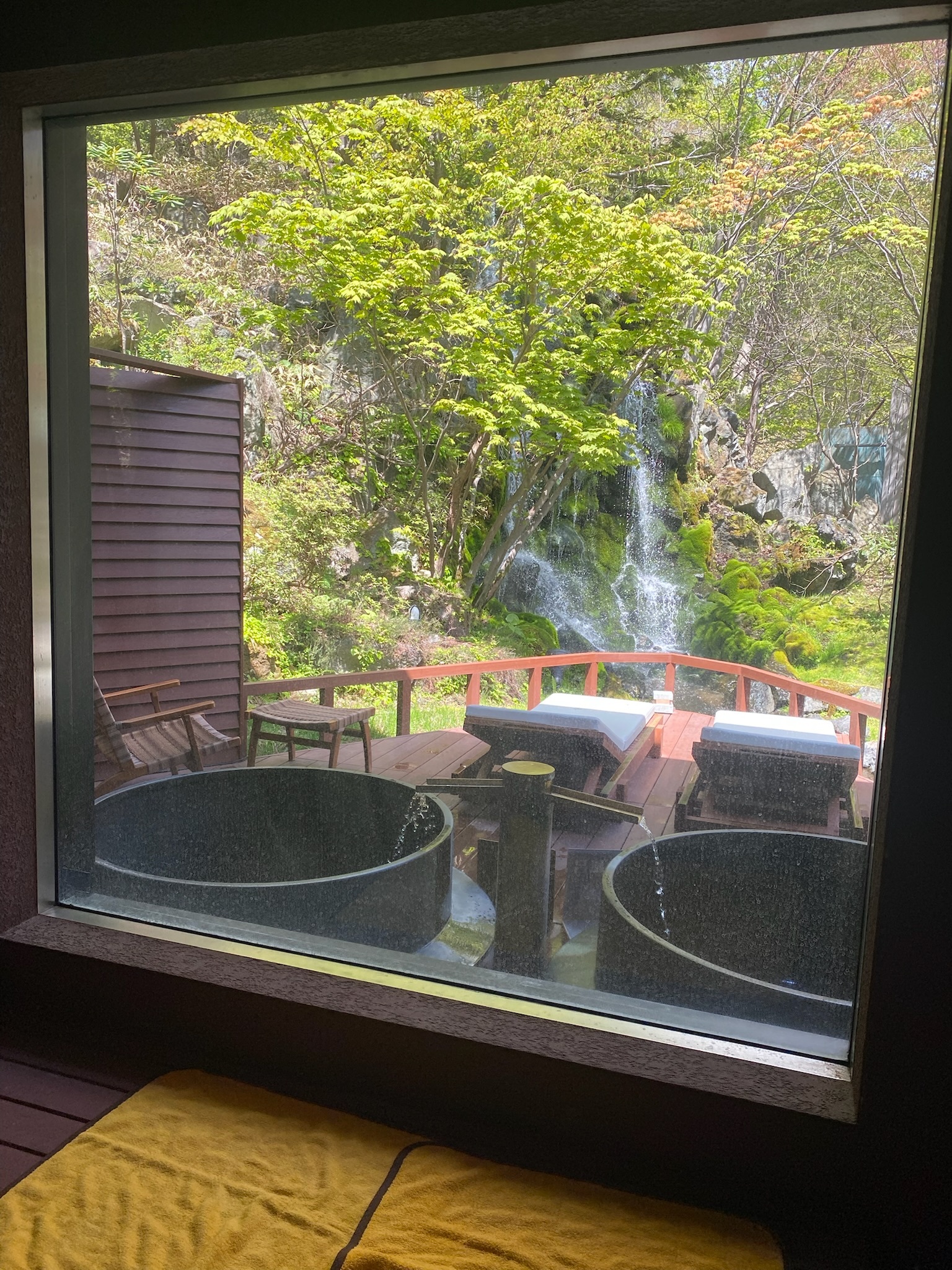 サウナ室内から見た水風呂と滝